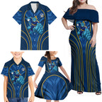 Parramatta Eels Rugby Mascot Family Matching Off Shoulder Maxi Dress and Hawaiian Shirt Australian Rugby Culture - Tribal Inspired Eel