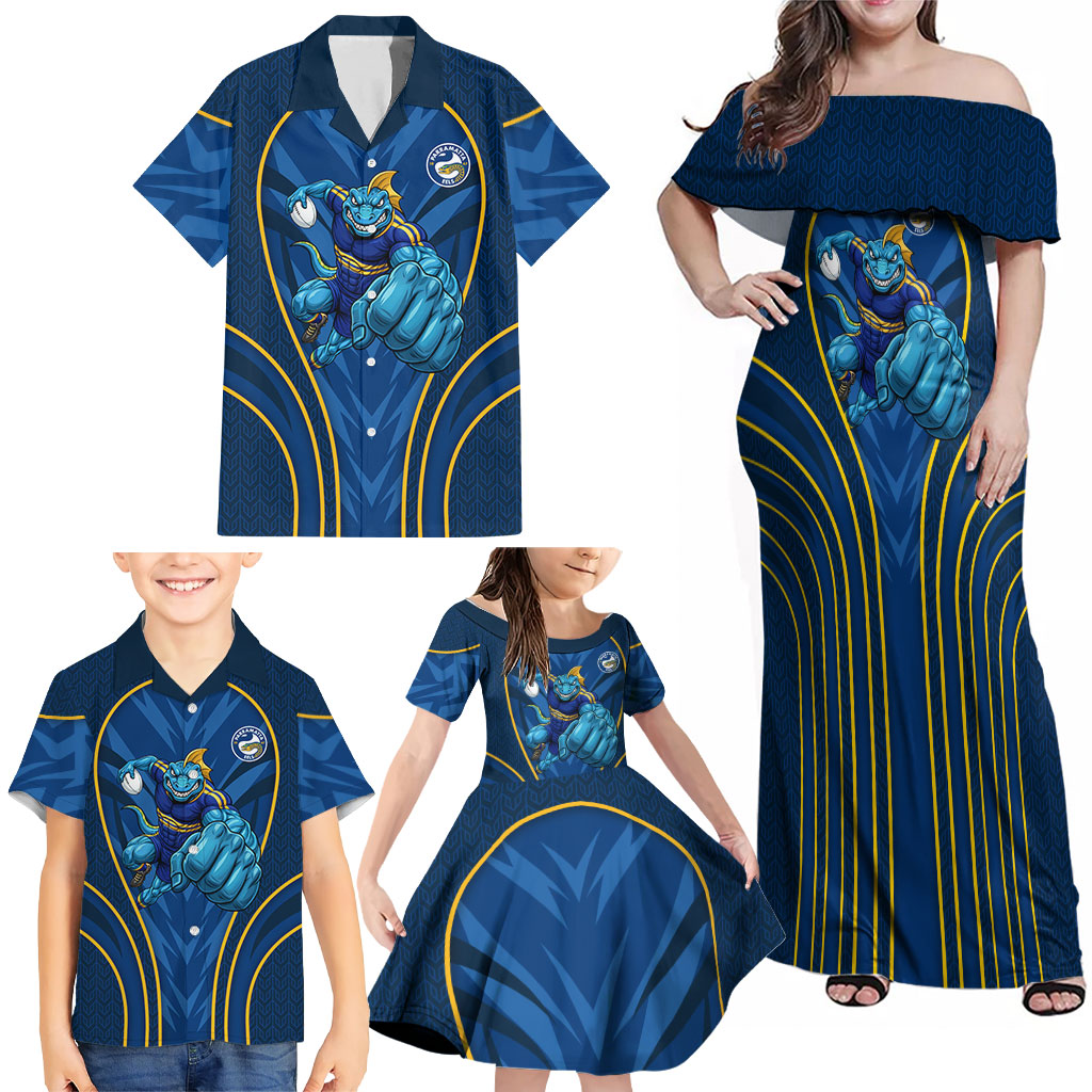 Parramatta Eels Rugby Mascot Family Matching Off Shoulder Maxi Dress and Hawaiian Shirt Australian Rugby Culture - Tribal Inspired Eel