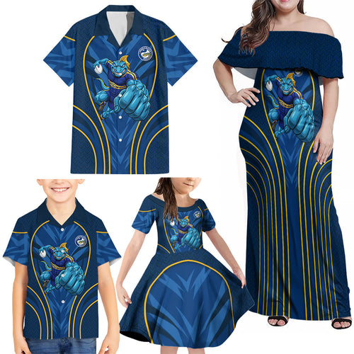 Parramatta Eels Rugby Mascot Family Matching Off Shoulder Maxi Dress and Hawaiian Shirt Australian Rugby Culture - Tribal Inspired Eel
