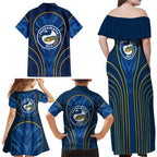 Parramatta Eels Rugby Mascot Family Matching Off Shoulder Maxi Dress and Hawaiian Shirt Australian Rugby Culture - Tribal Inspired Eel