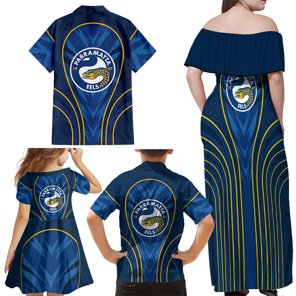 Parramatta Eels Rugby Mascot Family Matching Off Shoulder Maxi Dress and Hawaiian Shirt Australian Rugby Culture - Tribal Inspired Eel