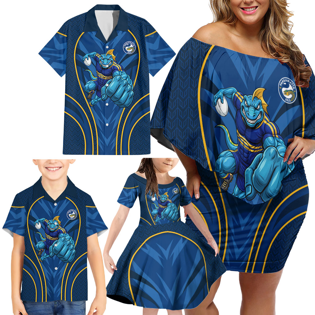 Parramatta Eels Rugby Mascot Family Matching Off Shoulder Short Dress and Hawaiian Shirt Australian Rugby Culture - Tribal Inspired Eel