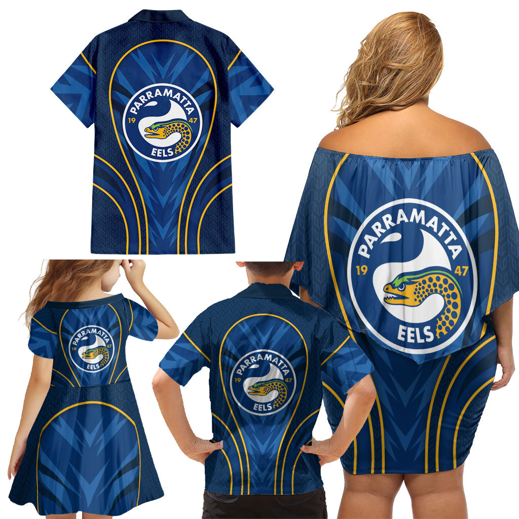Parramatta Eels Rugby Mascot Family Matching Off Shoulder Short Dress and Hawaiian Shirt Australian Rugby Culture - Tribal Inspired Eel