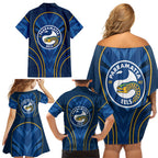 Parramatta Eels Rugby Mascot Family Matching Off Shoulder Short Dress and Hawaiian Shirt Australian Rugby Culture - Tribal Inspired Eel