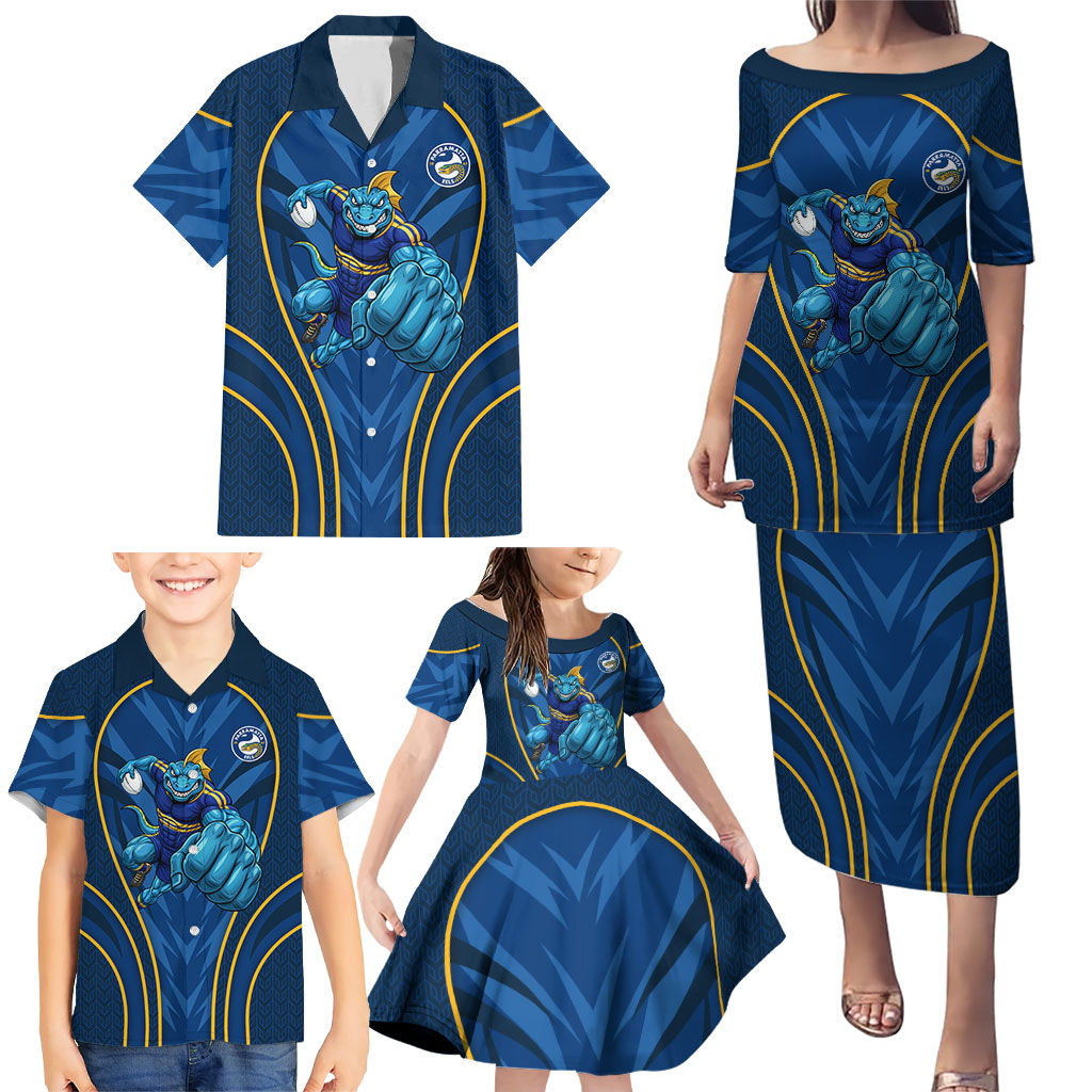 Parramatta Eels Rugby Mascot Family Matching Puletasi and Hawaiian Shirt Australian Rugby Culture - Tribal Inspired Eel