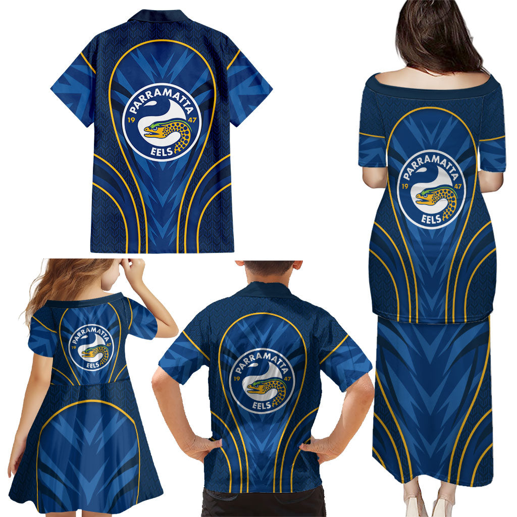Parramatta Eels Rugby Mascot Family Matching Puletasi and Hawaiian Shirt Australian Rugby Culture - Tribal Inspired Eel