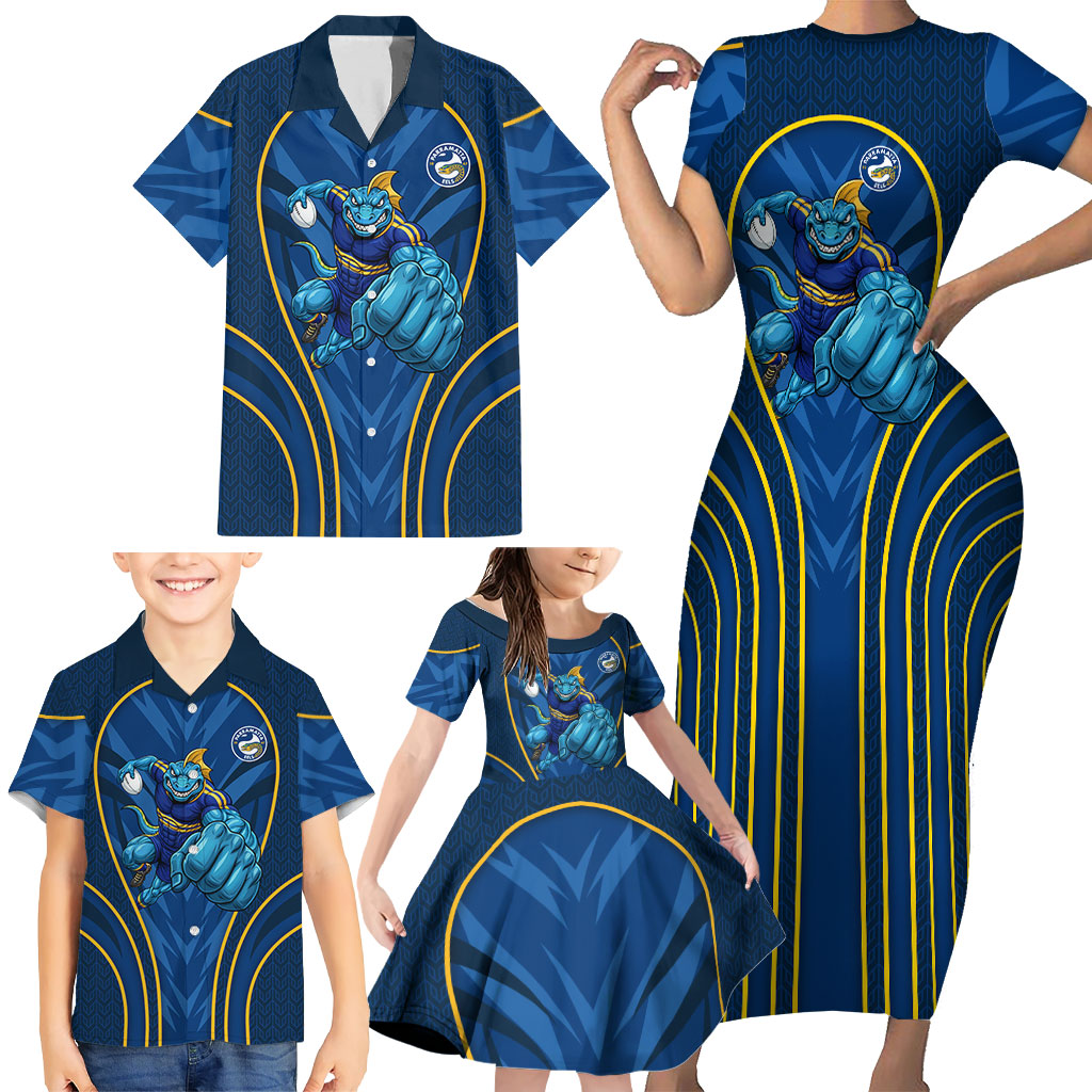 Parramatta Eels Rugby Mascot Family Matching Short Sleeve Bodycon Dress and Hawaiian Shirt Australian Rugby Culture - Tribal Inspired Eel