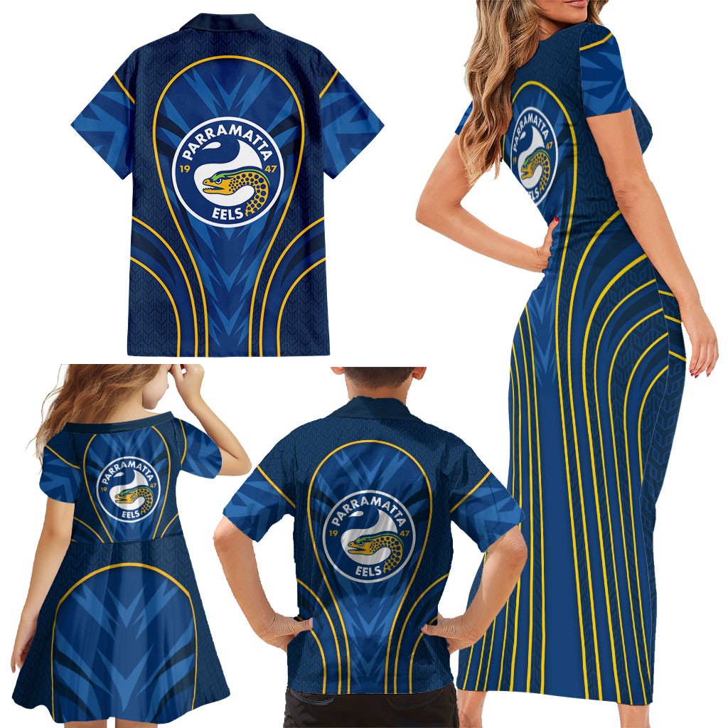 Parramatta Eels Rugby Mascot Family Matching Short Sleeve Bodycon Dress and Hawaiian Shirt Australian Rugby Culture - Tribal Inspired Eel