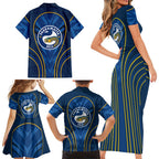 Parramatta Eels Rugby Mascot Family Matching Short Sleeve Bodycon Dress and Hawaiian Shirt Australian Rugby Culture - Tribal Inspired Eel