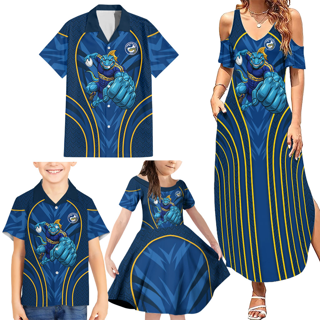 Parramatta Eels Rugby Mascot Family Matching Summer Maxi Dress and Hawaiian Shirt Australian Rugby Culture - Tribal Inspired Eel