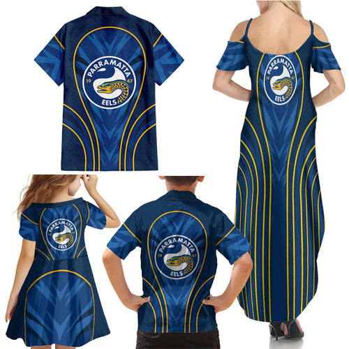 Parramatta Eels Rugby Mascot Family Matching Summer Maxi Dress and Hawaiian Shirt Australian Rugby Culture - Tribal Inspired Eel
