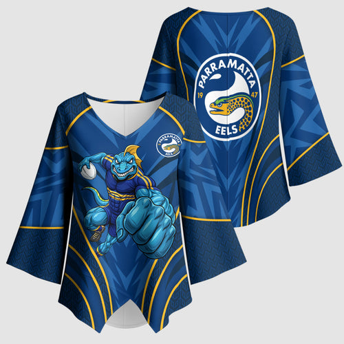 Parramatta Eels Rugby Mascot Kimono Sleeve Blouse Australian Rugby Culture - Tribal Inspired Eel