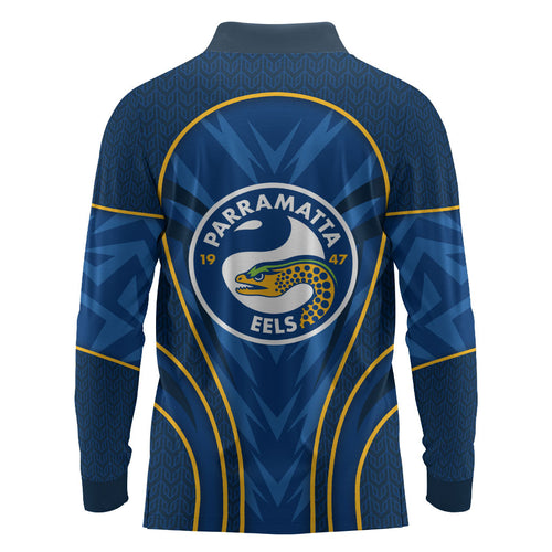 Parramatta Eels Rugby Mascot Long Sleeve Polo Shirt Australian Rugby Culture - Tribal Inspired Eel