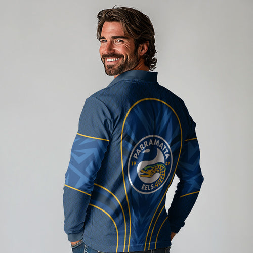 Parramatta Eels Rugby Mascot Long Sleeve Polo Shirt Australian Rugby Culture - Tribal Inspired Eel