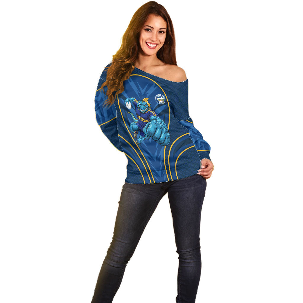 Parramatta Eels Rugby Mascot Off Shoulder Sweater Australian Rugby Culture - Tribal Inspired Eel