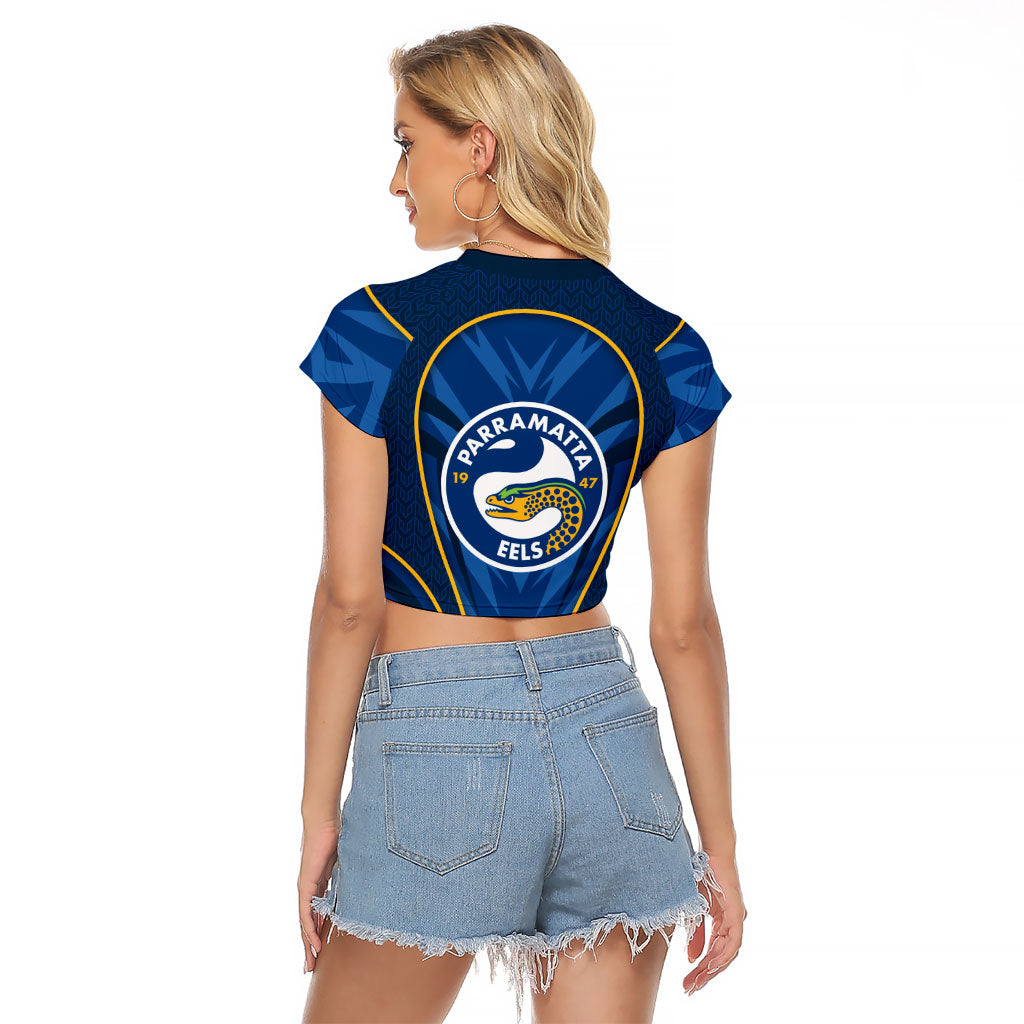 Parramatta Eels Rugby Mascot Raglan Cropped T Shirt Australian Rugby Culture - Tribal Inspired Eel
