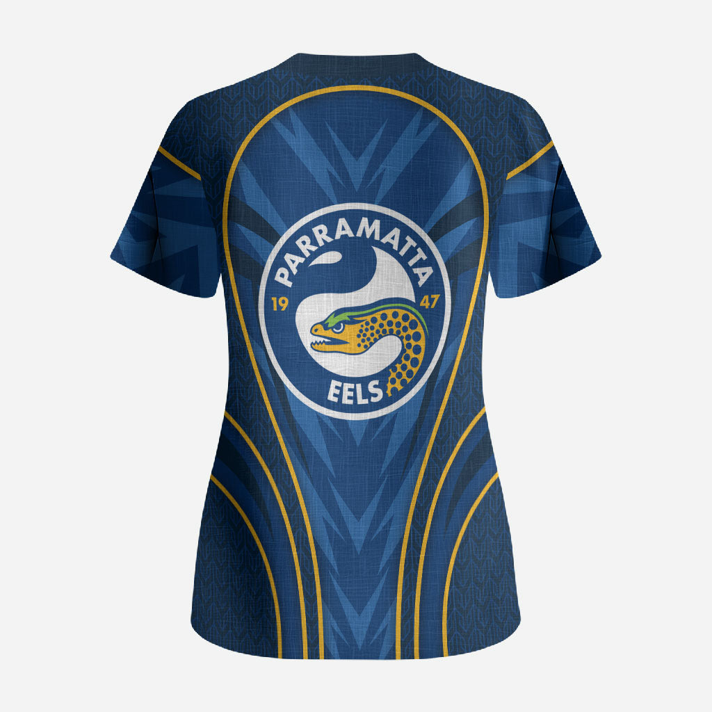 Parramatta Eels Rugby Mascot Scrub Top Australian Rugby Culture - Tribal Inspired Eel