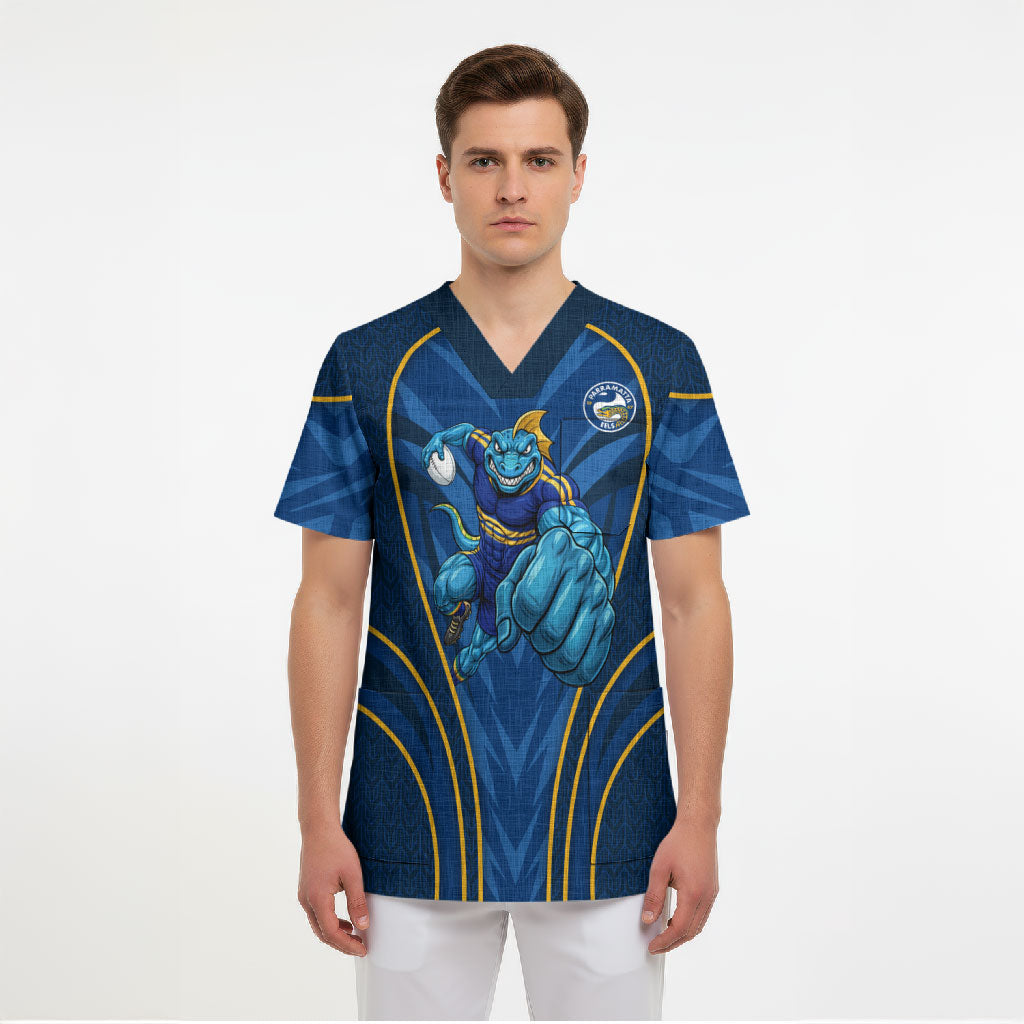 Parramatta Eels Rugby Mascot Scrub Top Australian Rugby Culture - Tribal Inspired Eel