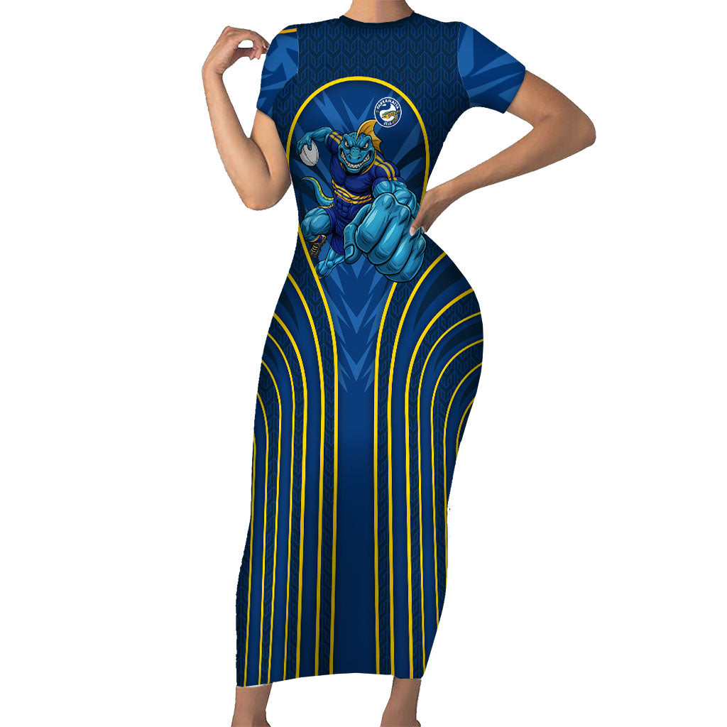 Parramatta Eels Rugby Mascot Short Sleeve Bodycon Dress Australian Rugby Culture - Tribal Inspired Eel