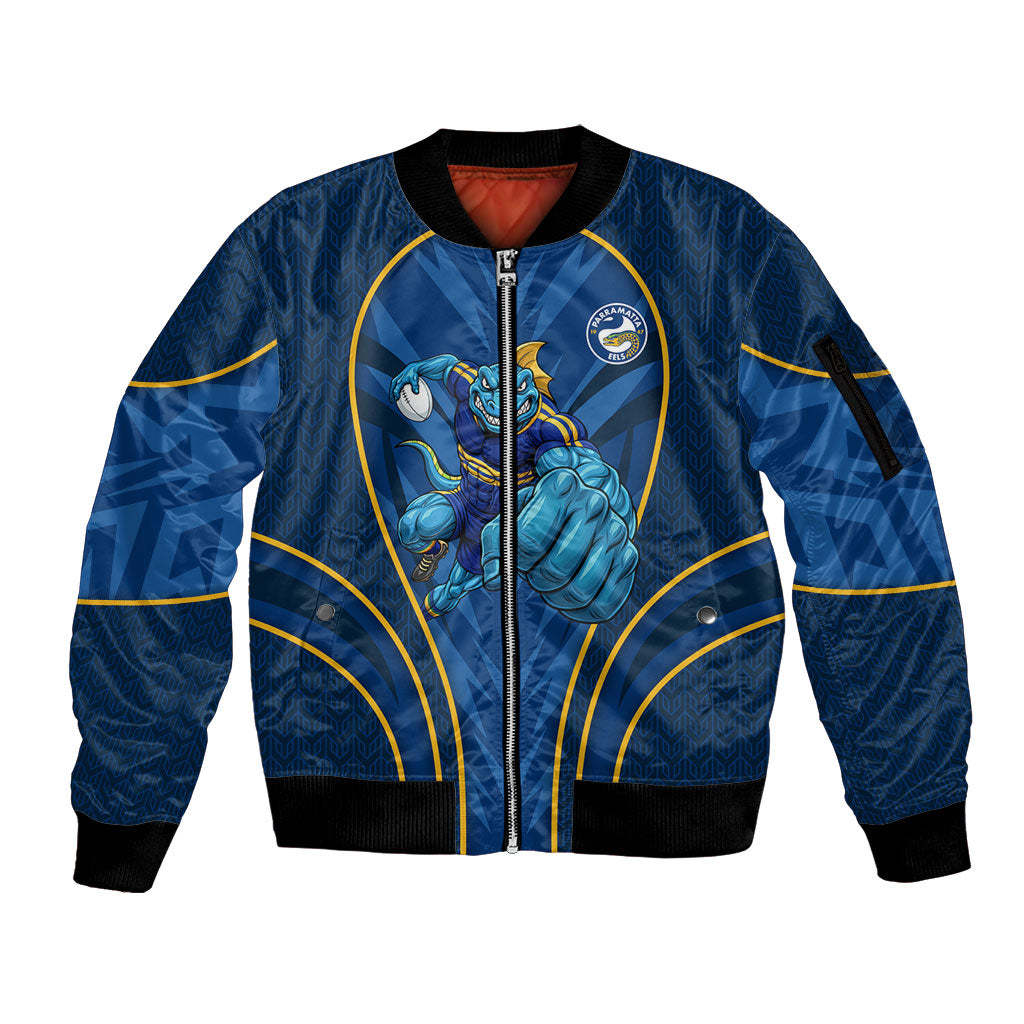 Parramatta Eels Rugby Mascot Sleeve Zip Bomber Jacket Australian Rugby Culture - Tribal Inspired Eel