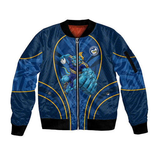 Parramatta Eels Rugby Mascot Sleeve Zip Bomber Jacket Australian Rugby Culture - Tribal Inspired Eel