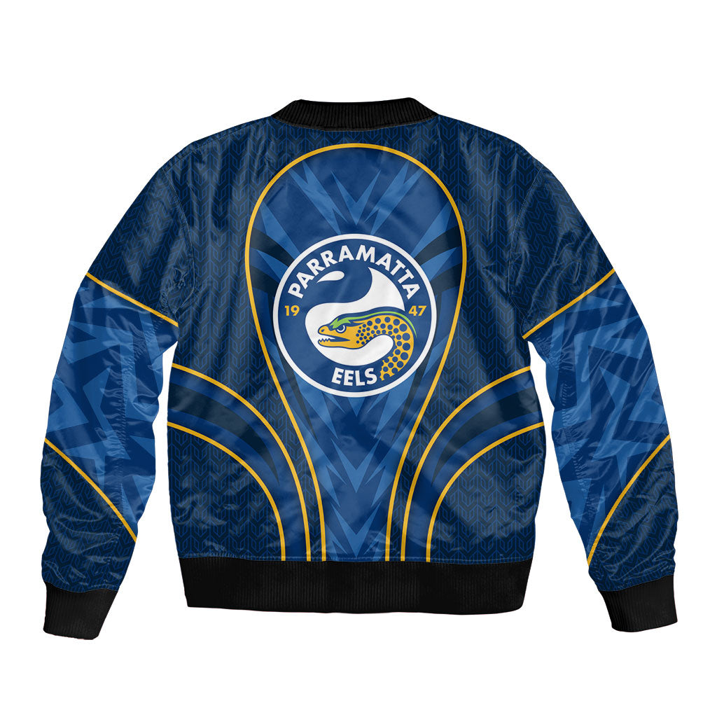 Parramatta Eels Rugby Mascot Sleeve Zip Bomber Jacket Australian Rugby Culture - Tribal Inspired Eel