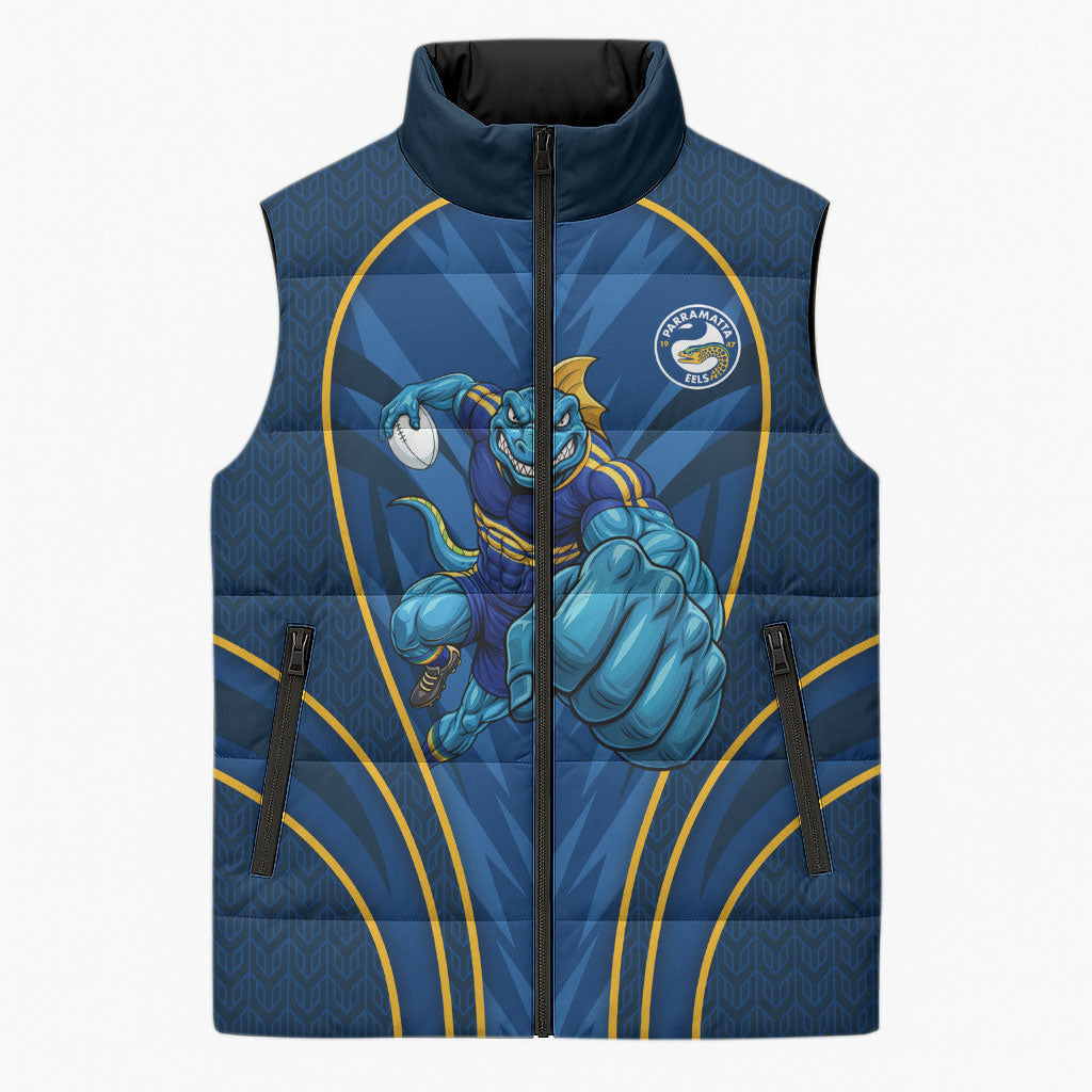 Parramatta Eels Rugby Mascot Sleeveless Puffer Jacket Australian Rugby Culture - Tribal Inspired Eel