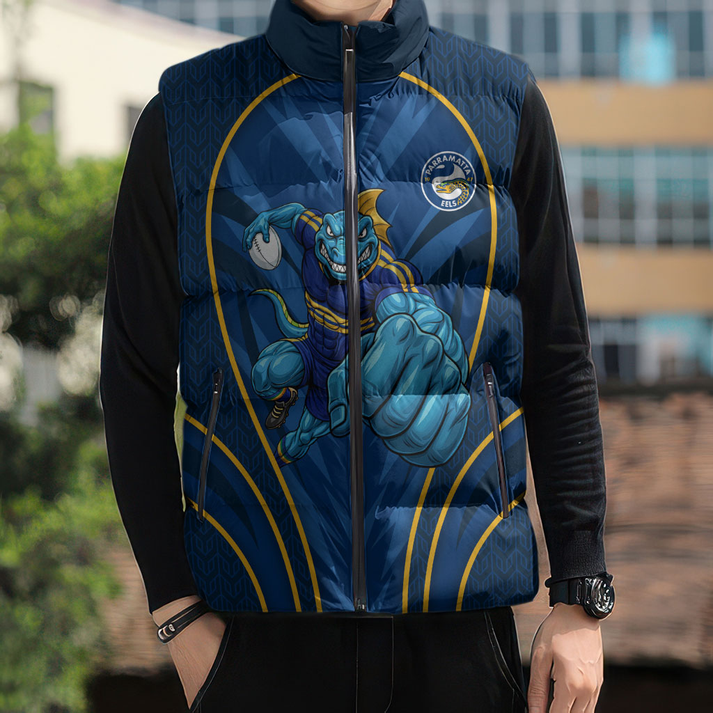 Parramatta Eels Rugby Mascot Sleeveless Puffer Jacket Australian Rugby Culture - Tribal Inspired Eel