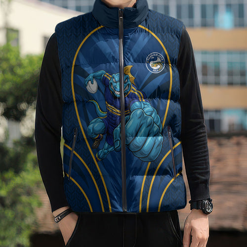 Parramatta Eels Rugby Mascot Sleeveless Puffer Jacket Australian Rugby Culture - Tribal Inspired Eel