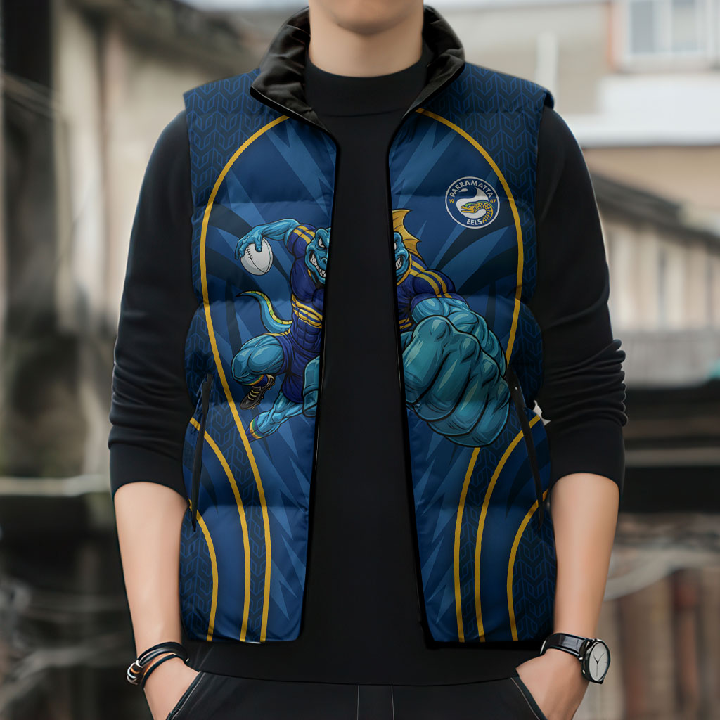 Parramatta Eels Rugby Mascot Sleeveless Puffer Jacket Australian Rugby Culture - Tribal Inspired Eel