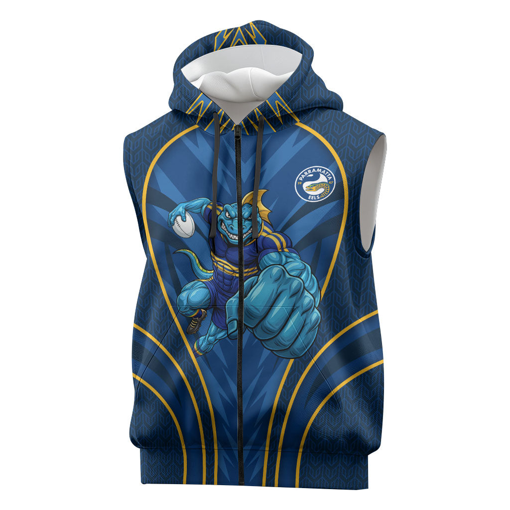 Parramatta Eels Rugby Mascot Sleeveless Zip Hoodie Australian Rugby Culture - Tribal Inspired Eel