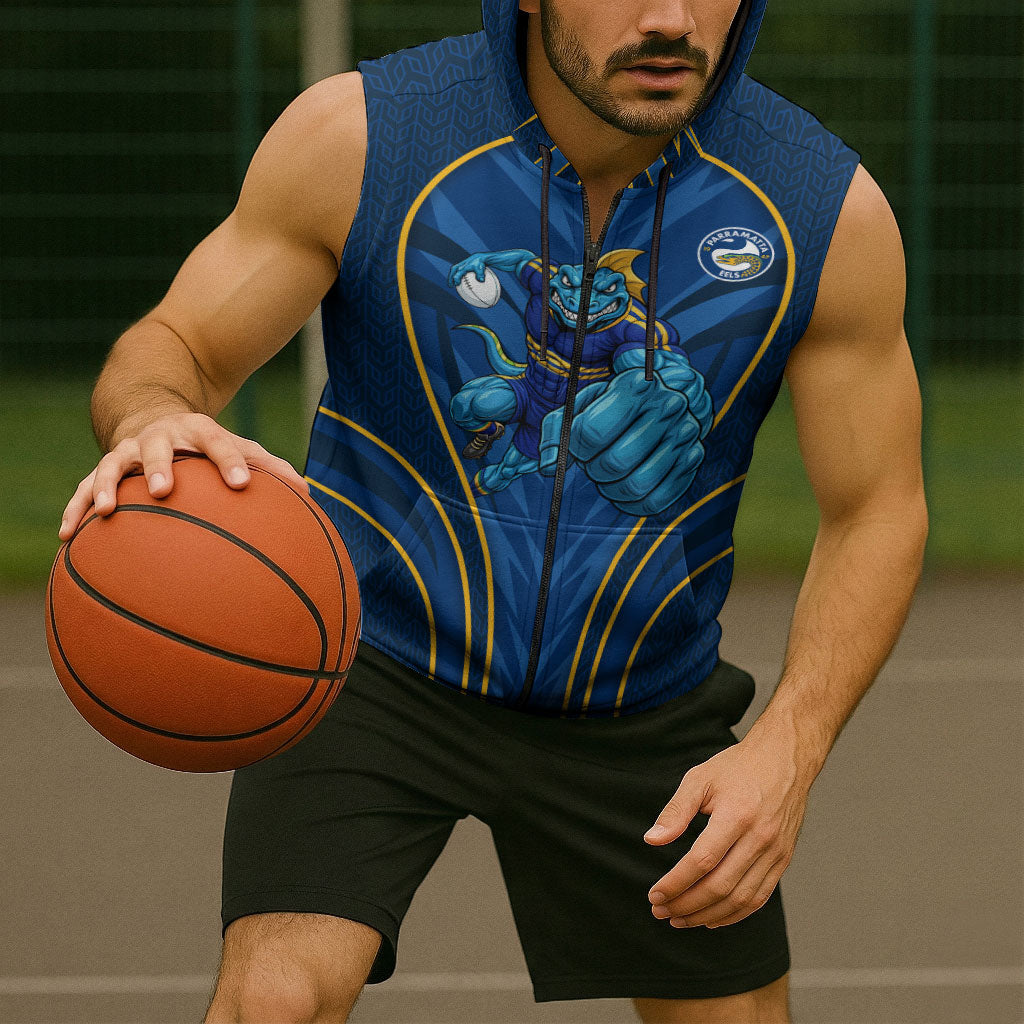 Parramatta Eels Rugby Mascot Sleeveless Zip Hoodie Australian Rugby Culture - Tribal Inspired Eel