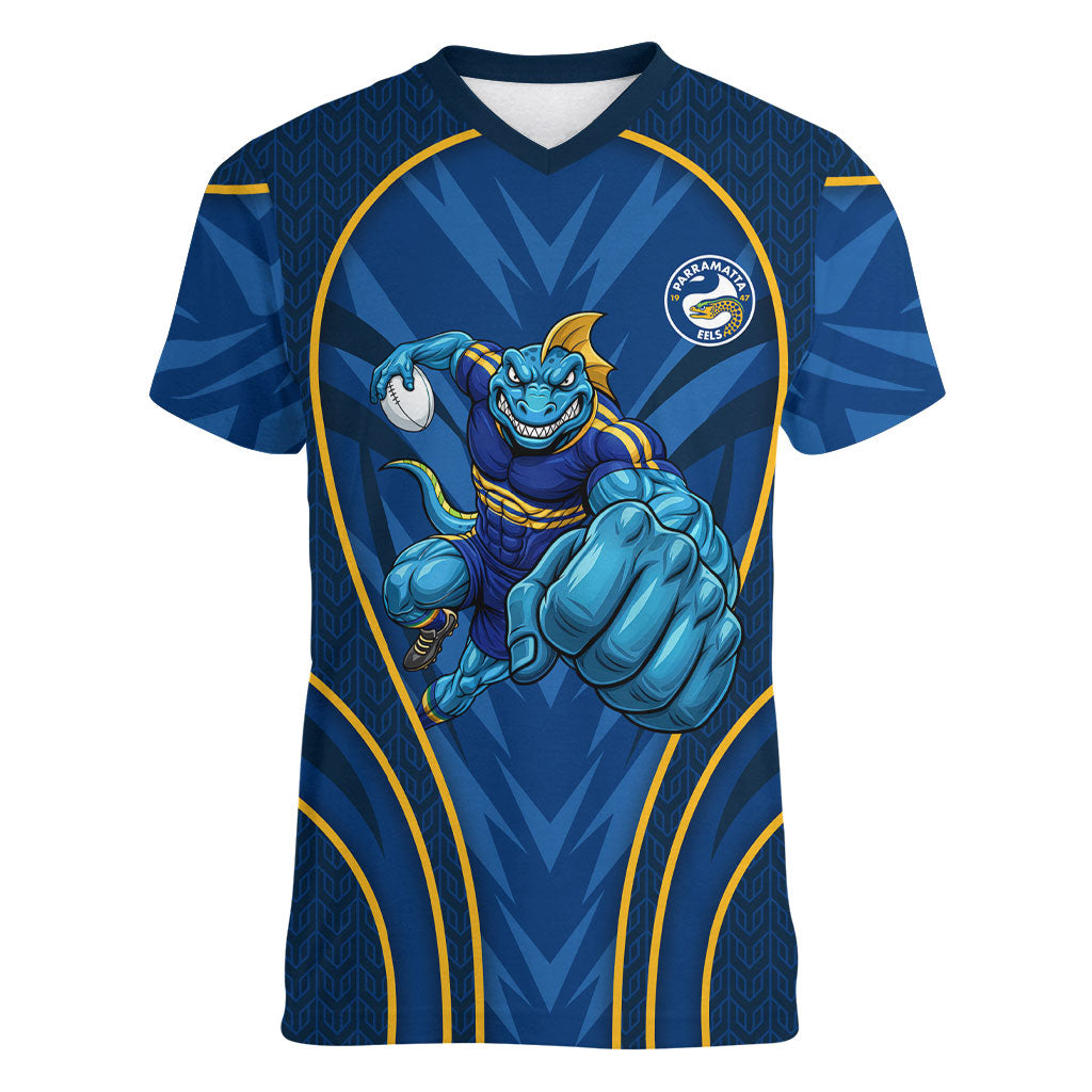 Parramatta Eels Rugby Mascot Women V-Neck T-Shirt Australian Rugby Culture - Tribal Inspired Eel