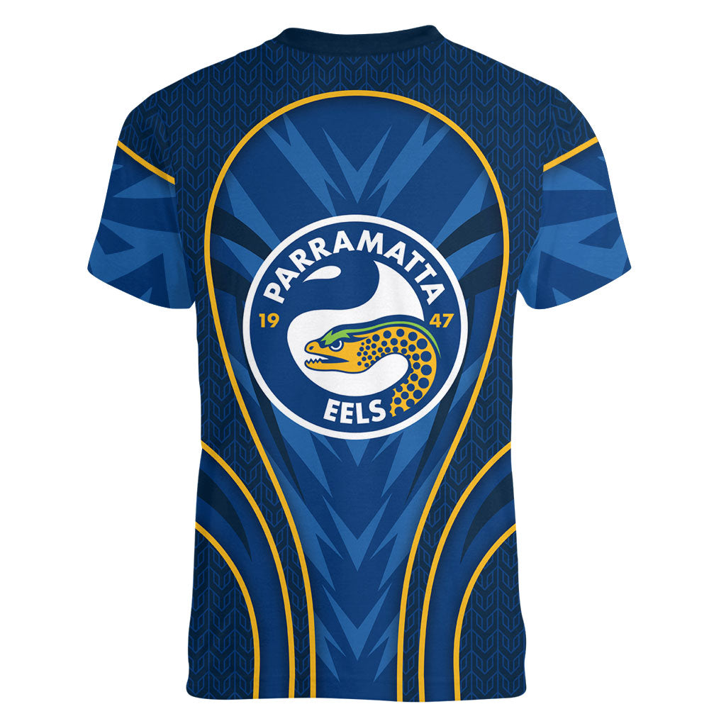 Parramatta Eels Rugby Mascot Women V-Neck T-Shirt Australian Rugby Culture - Tribal Inspired Eel