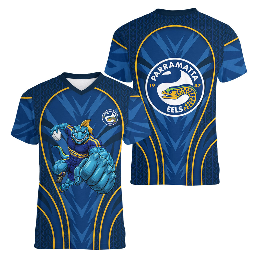 Parramatta Eels Rugby Mascot Women V-Neck T-Shirt Australian Rugby Culture - Tribal Inspired Eel