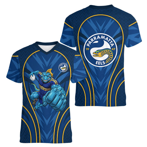Parramatta Eels Rugby Mascot Women V-Neck T-Shirt Australian Rugby Culture - Tribal Inspired Eel