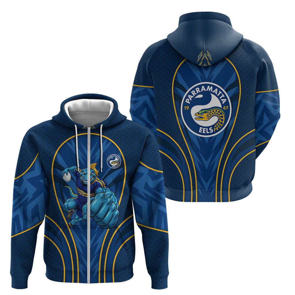 Parramatta Eels Rugby Mascot Zip Hoodie Australian Rugby Culture - Tribal Inspired Eel