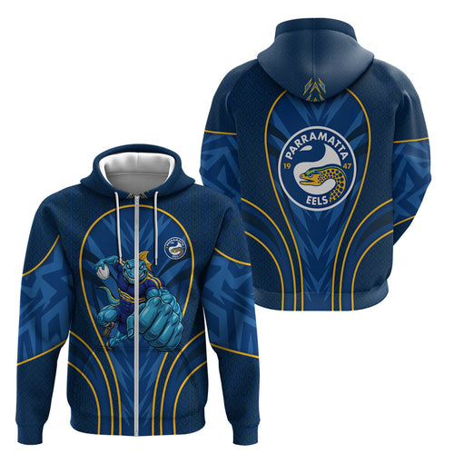 Parramatta Eels Rugby Mascot Zip Hoodie Australian Rugby Culture - Tribal Inspired Eel