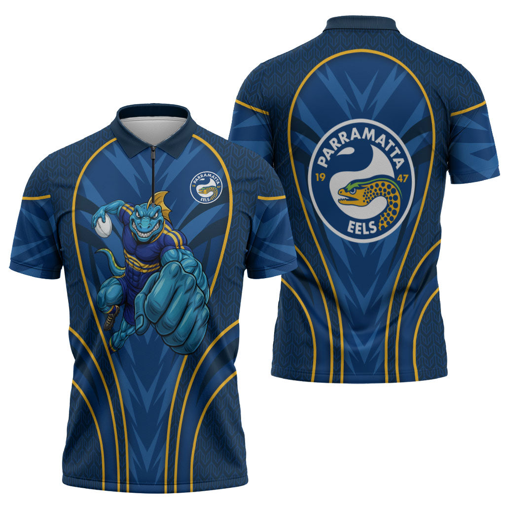 Parramatta Eels Rugby Mascot Zipper Polo Shirt Australian Rugby Culture - Tribal Inspired Eel