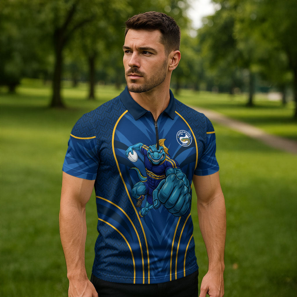 Parramatta Eels Rugby Mascot Zipper Polo Shirt Australian Rugby Culture - Tribal Inspired Eel