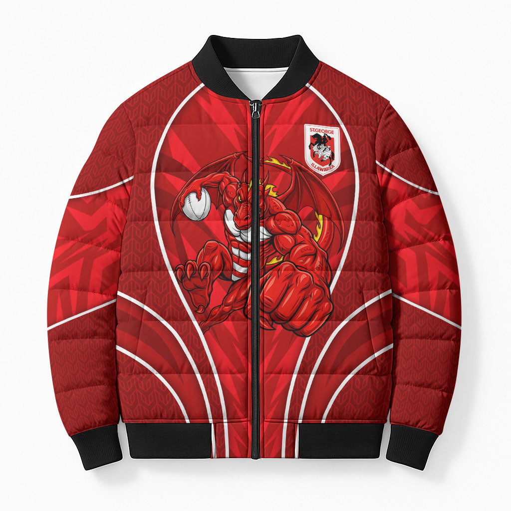 St George Illawarra Dragons Rugby Mascot Bomber Puffer Jacket Australian Rugby Culture - Tribal Inspired Dragon