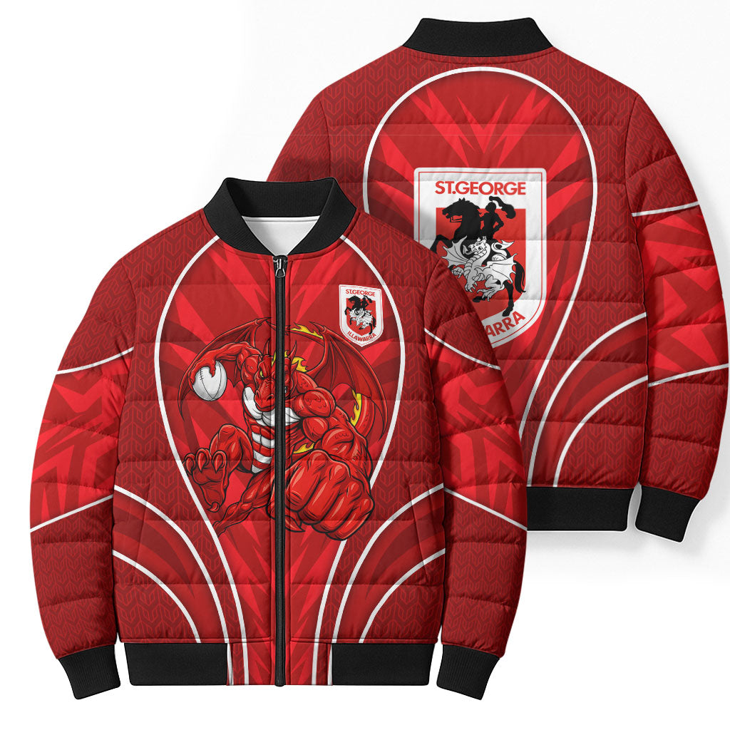 St George Illawarra Dragons Rugby Mascot Bomber Puffer Jacket Australian Rugby Culture - Tribal Inspired Dragon