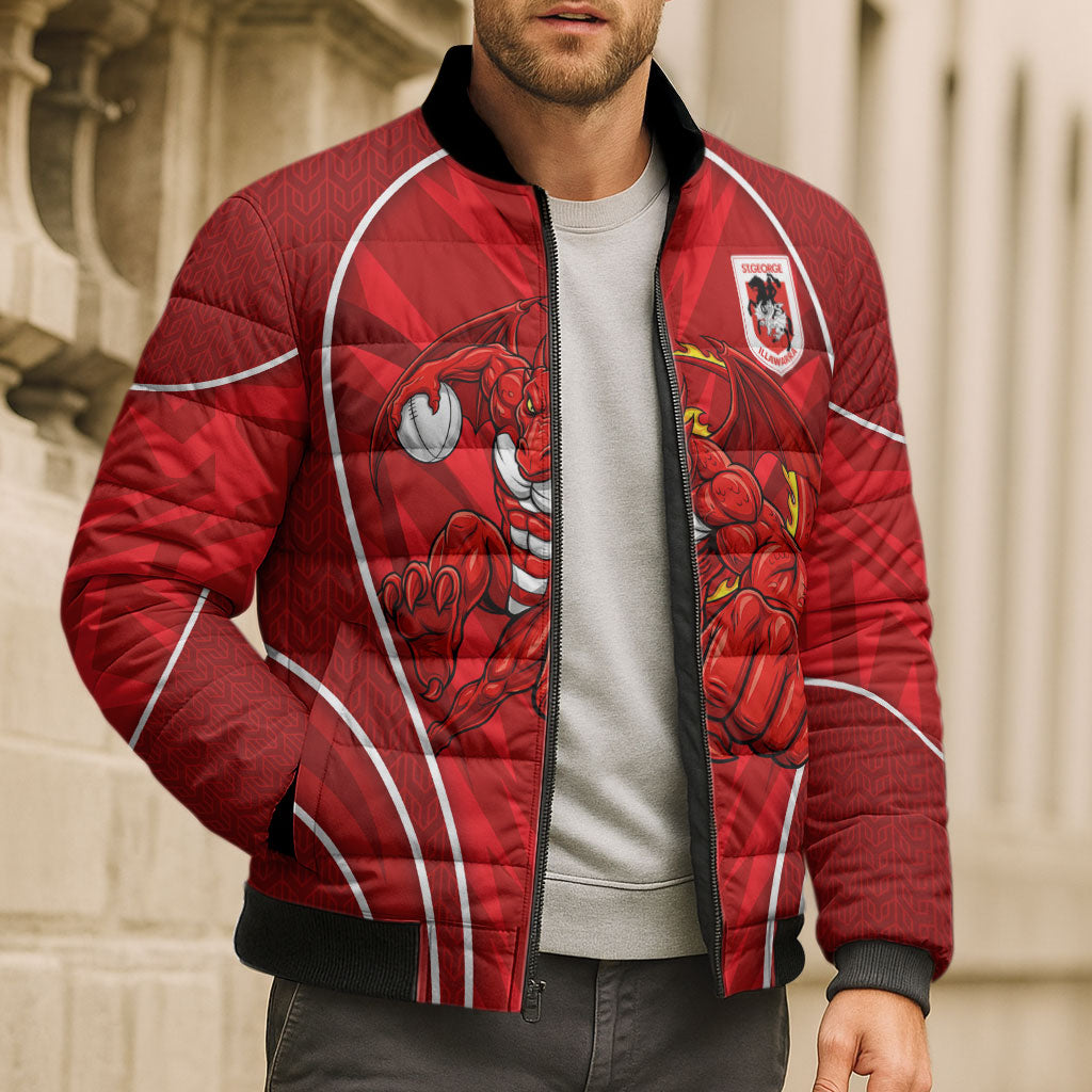 St George Illawarra Dragons Rugby Mascot Bomber Puffer Jacket Australian Rugby Culture - Tribal Inspired Dragon
