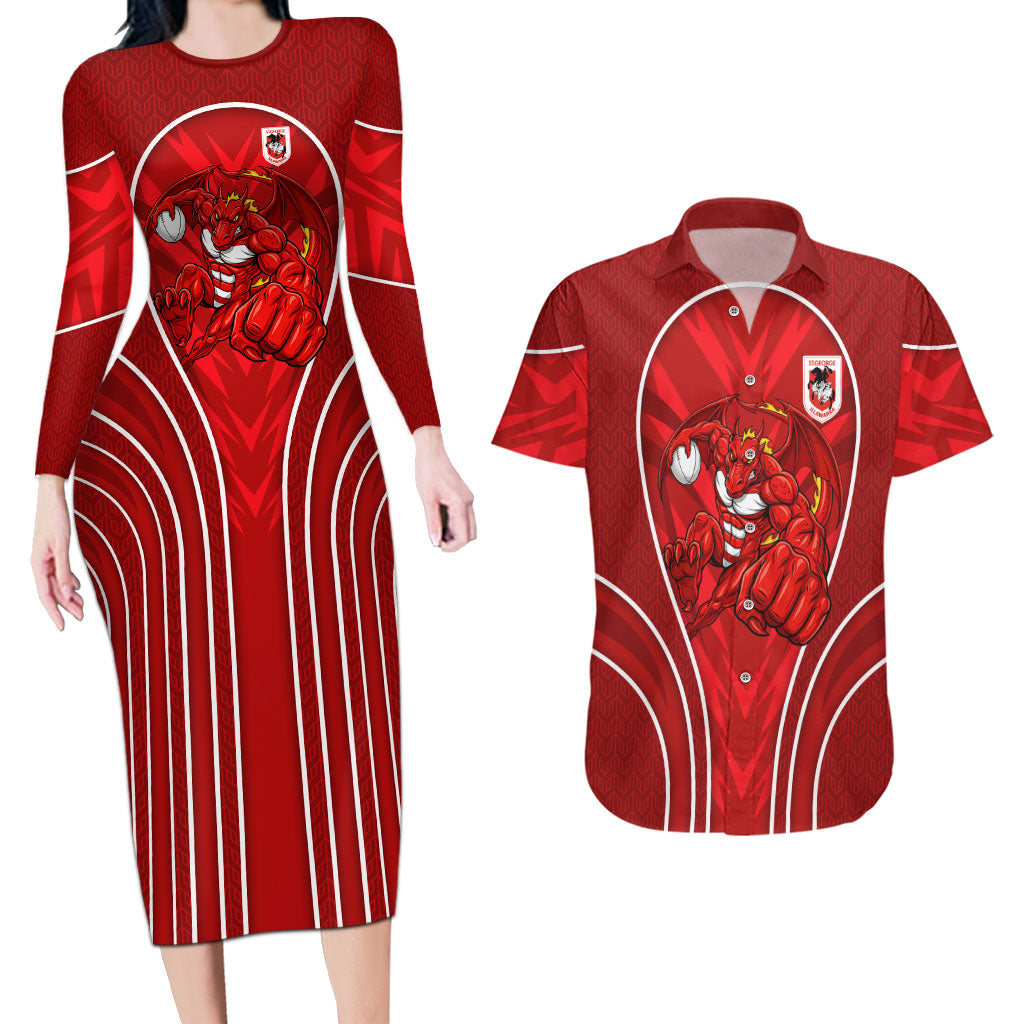 St George Illawarra Dragons Rugby Mascot Couples Matching Long Sleeve Bodycon Dress and Hawaiian Shirt Australian Rugby Culture - Tribal Inspired Dragon