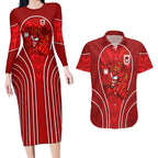 St George Illawarra Dragons Rugby Mascot Couples Matching Long Sleeve Bodycon Dress and Hawaiian Shirt Australian Rugby Culture - Tribal Inspired Dragon
