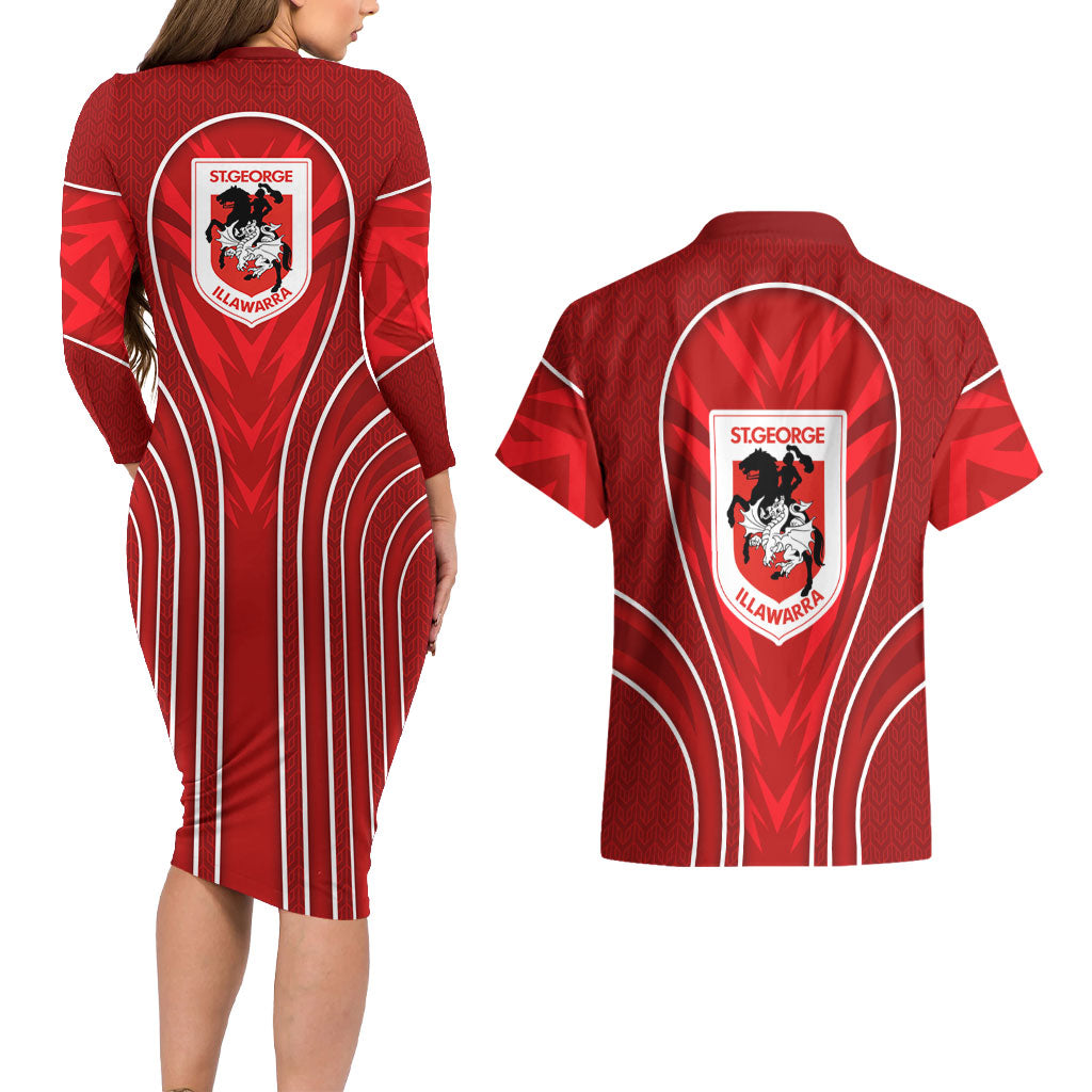 St George Illawarra Dragons Rugby Mascot Couples Matching Long Sleeve Bodycon Dress and Hawaiian Shirt Australian Rugby Culture - Tribal Inspired Dragon