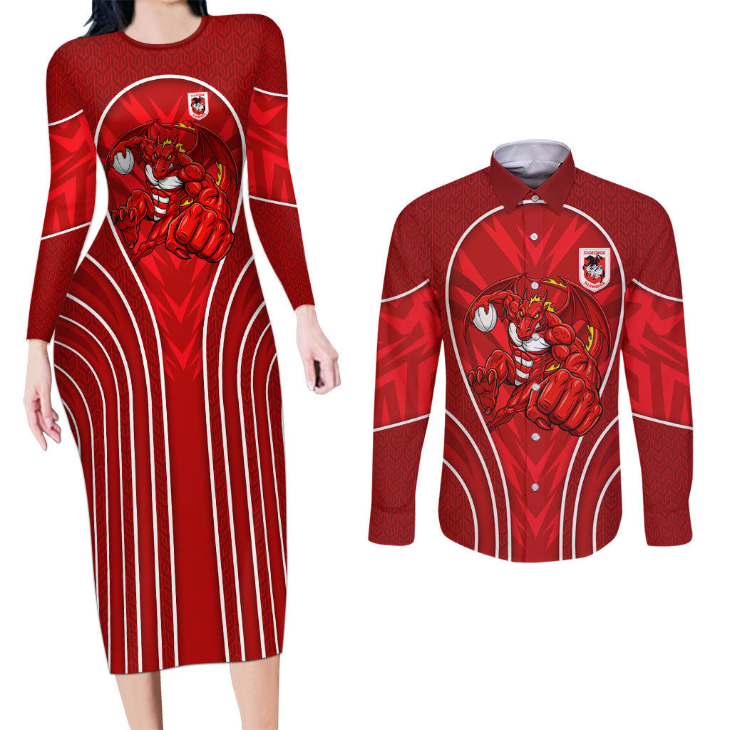 St George Illawarra Dragons Rugby Mascot Couples Matching Long Sleeve Bodycon Dress and Long Sleeve Button Shirt Australian Rugby Culture - Tribal Inspired Dragon