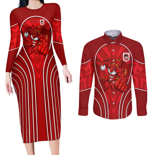 St George Illawarra Dragons Rugby Mascot Couples Matching Long Sleeve Bodycon Dress and Long Sleeve Button Shirt Australian Rugby Culture - Tribal Inspired Dragon