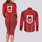 St George Illawarra Dragons Rugby Mascot Couples Matching Long Sleeve Bodycon Dress and Long Sleeve Button Shirt Australian Rugby Culture - Tribal Inspired Dragon
