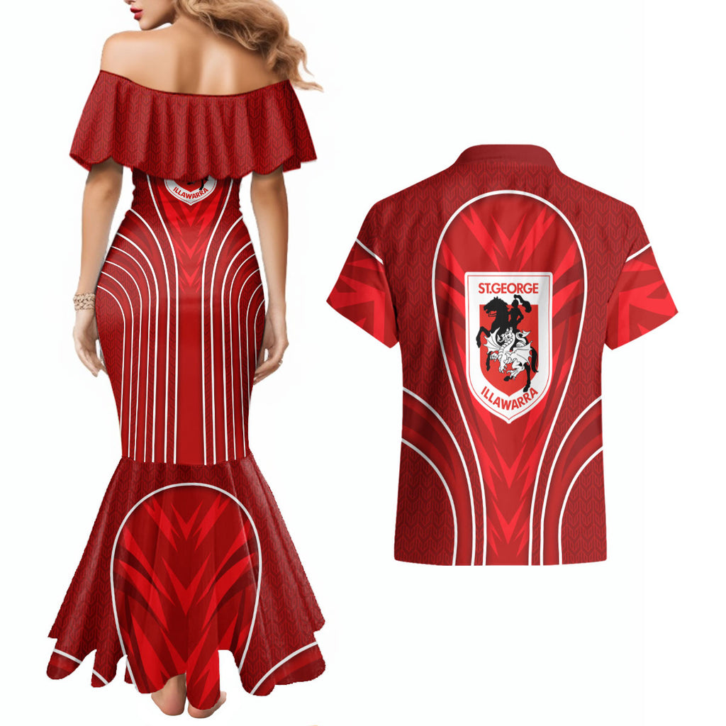 St George Illawarra Dragons Rugby Mascot Couples Matching Mermaid Dress and Hawaiian Shirt Australian Rugby Culture - Tribal Inspired Dragon